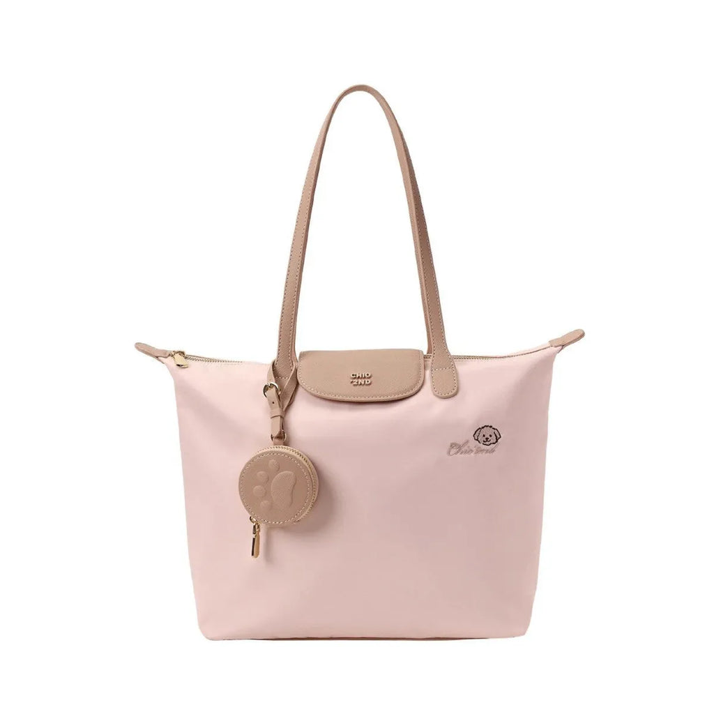 Oxford cloth tote bag in pink with horizontal square design and shoulder strap