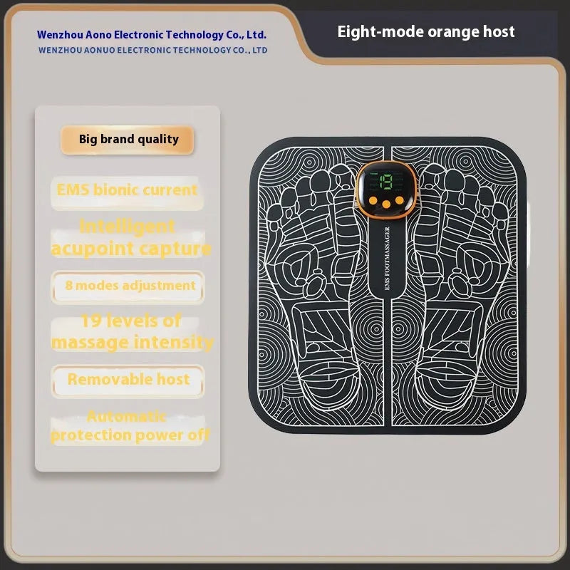USB rechargeable reflexology foot massager mat with remote control on a wooden floor