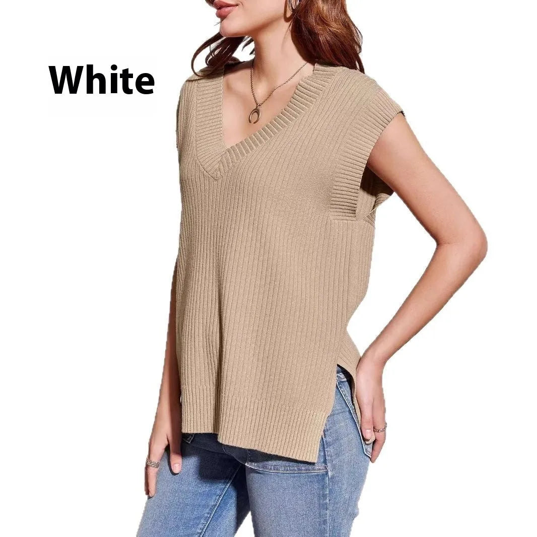 Camel coloured V-neck sleeveless pullover vest with striped pattern and loose fit