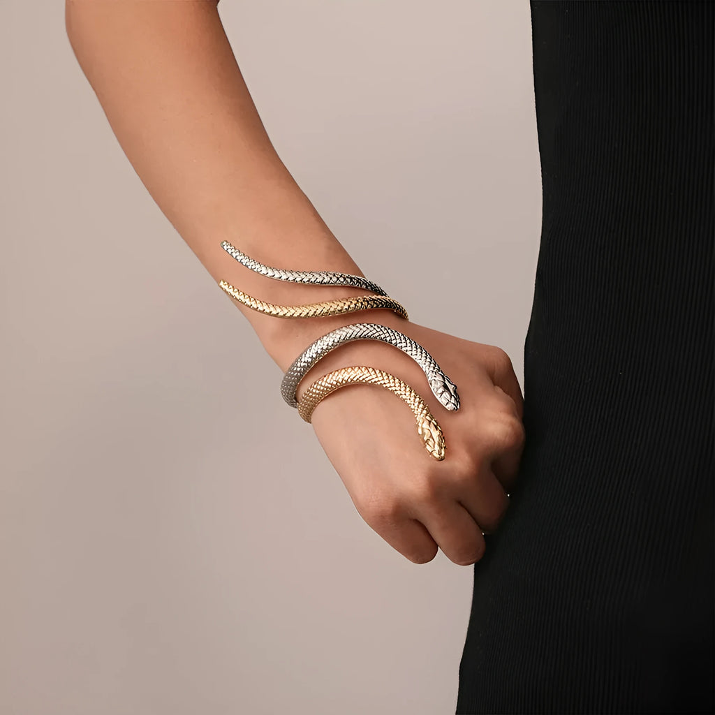 Exaggerated twisted winding simulated snake ring and bracelet set in gold electroplated metal