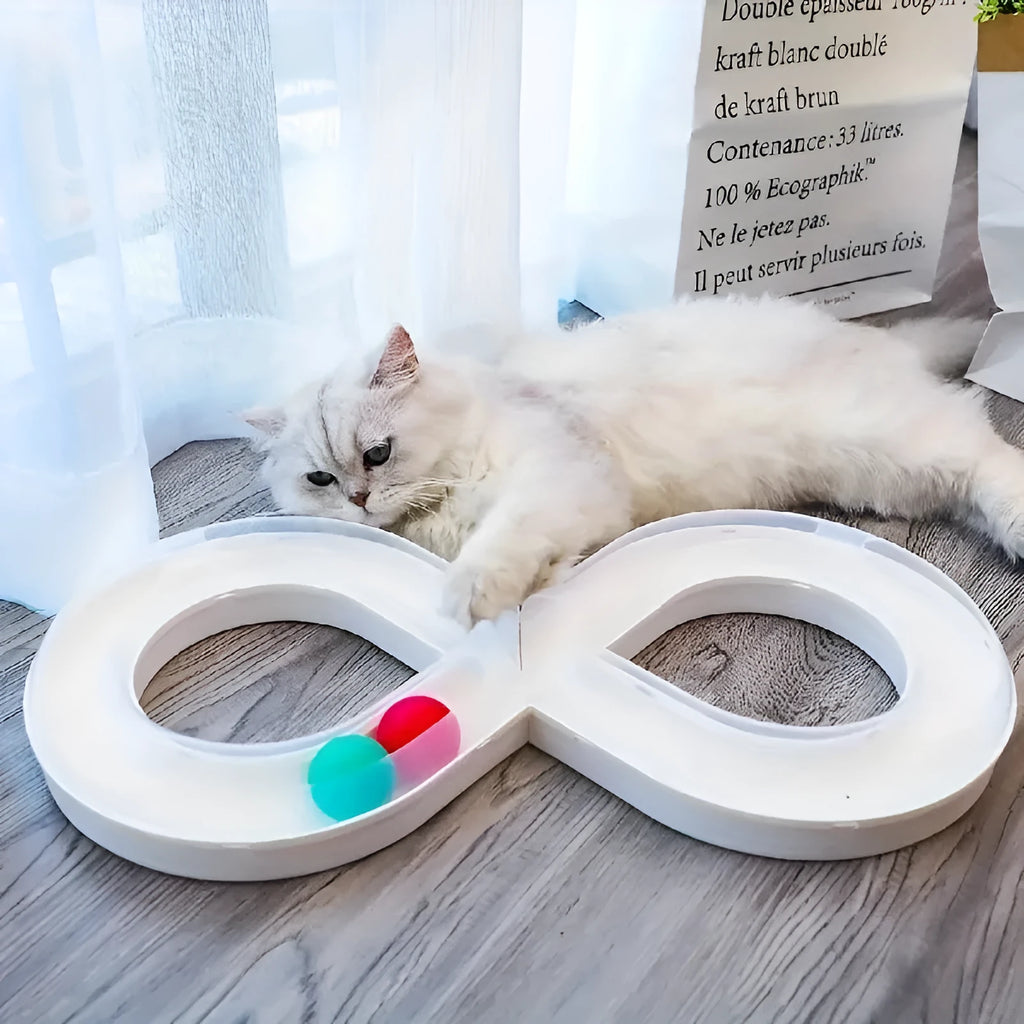 Blue rotating cat turntable toy with track ball and teasing stick measuring 50cm long