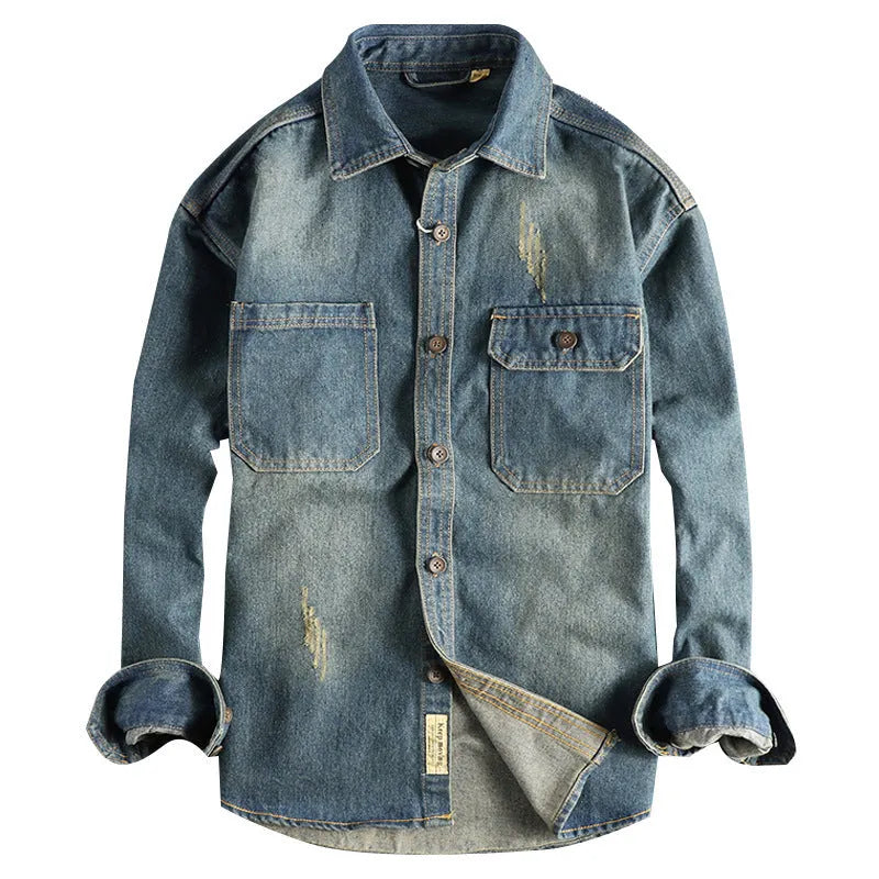 Men's light blue washed vintage denim shirt with long sleeves and a loose cardigan fit.