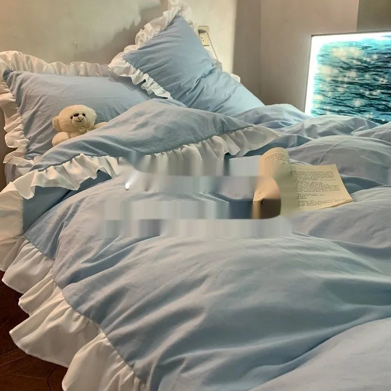 Mori style solid colour linen quilt cover and pillowcases on a bed