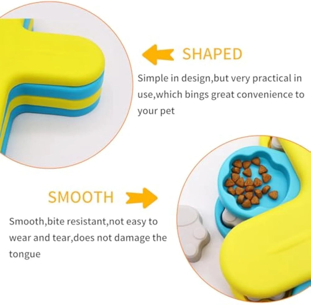 Yellow three-layer rotating dog puzzle feeder toy with non-slip base for slow feeding and IQ training.