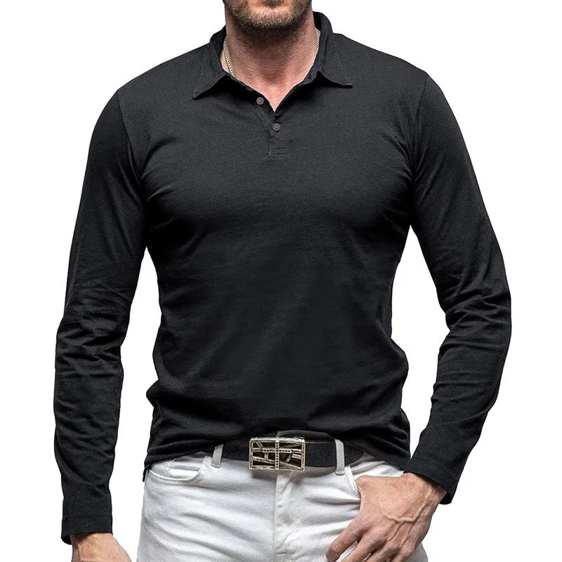 Men's polo collar long sleeve cotton T-shirt in American retro style, shown in dark grey.