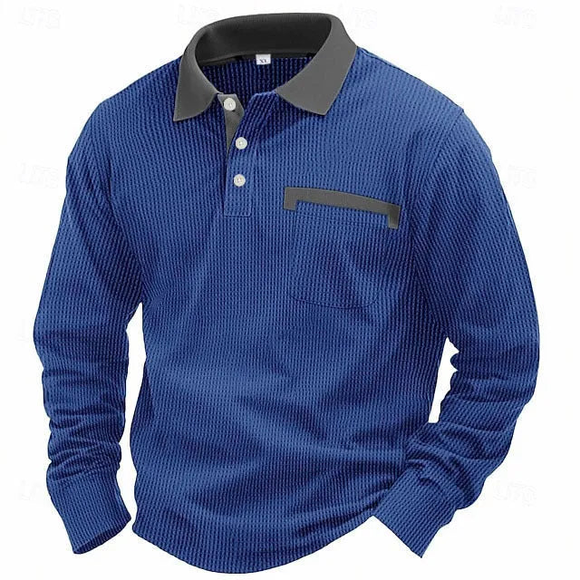 Men's long-sleeved waffle polo shirt in solid colour with asymmetric design details