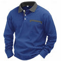 Men's long-sleeved waffle polo shirt in solid colour with asymmetric design details
