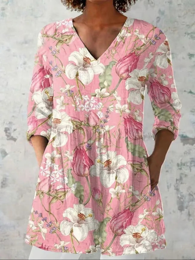 Women's slim-fit long-sleeved retro top with a digital print design on polyester fabric.
