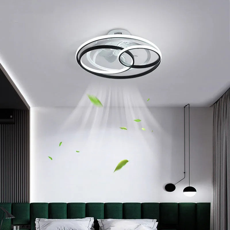 Nordic-style ceiling fan lamp with light, showing metal blades and acrylic shade in black finish.