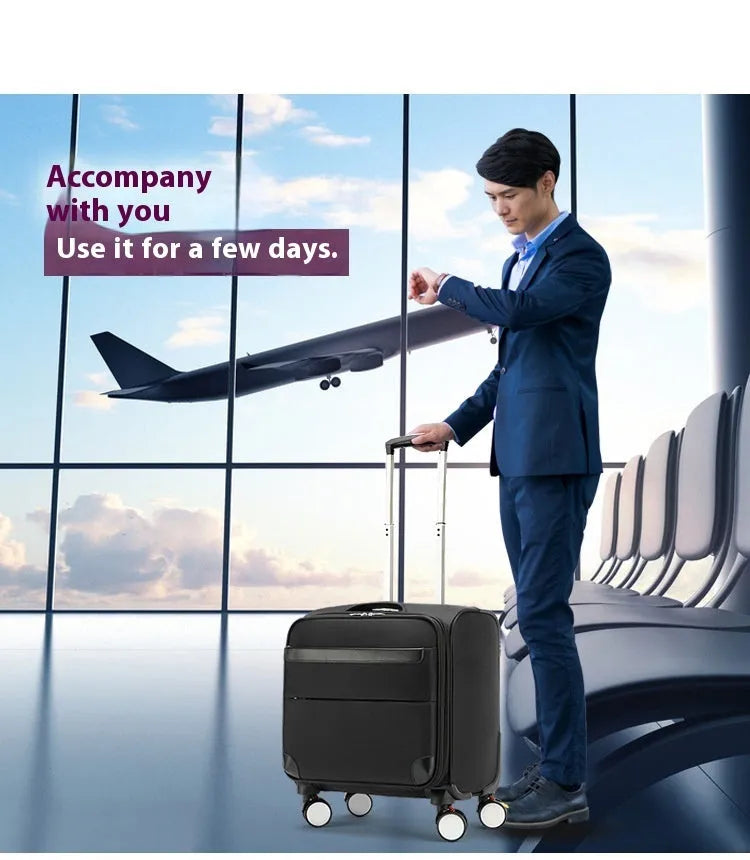 18-inch black business luggage with Oxford cloth construction and universal wheels