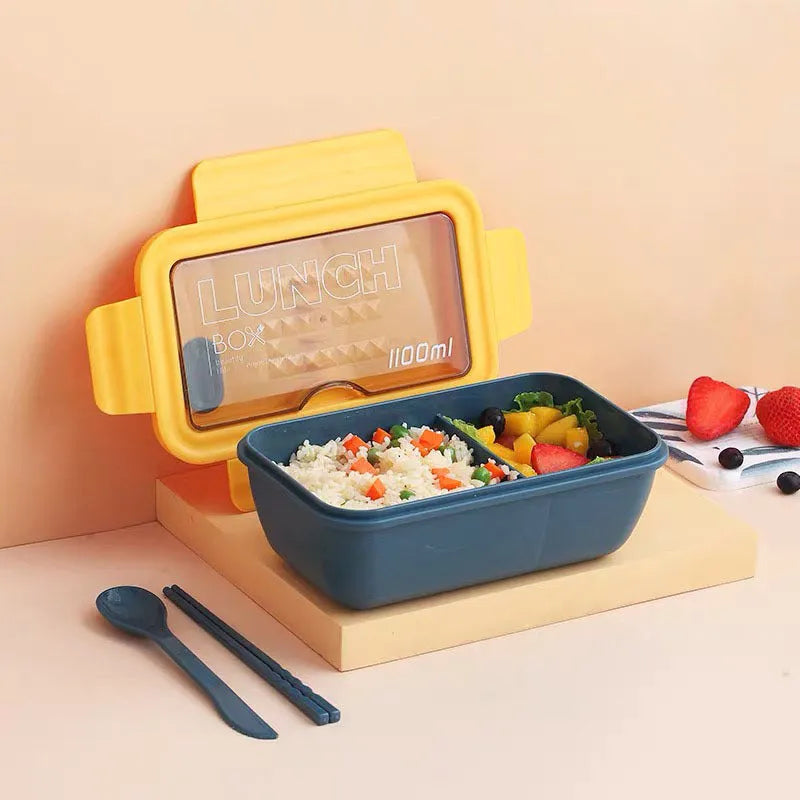 Four-layer partitioned plastic bento box in Nordic style with green, red, and yellow colour options