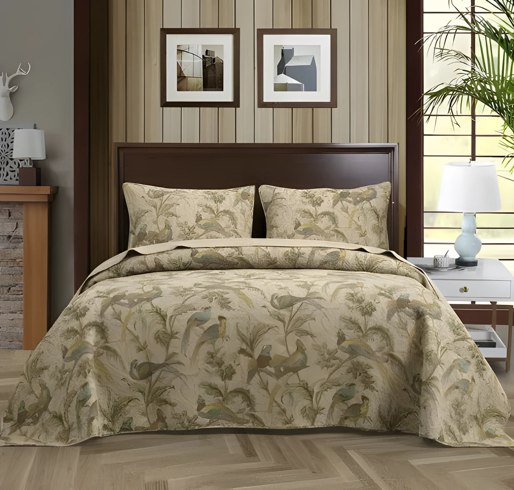 Blue American floral cotton bedspread set with quilted textiles in 230x250 cm size