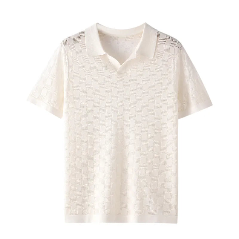 Men's mulberry silk short sleeve lapel sweater in a solid colour on a hanger.