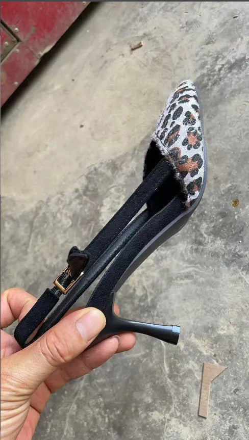 Women's pointed toe suede sandals in leopard print colour on size chart