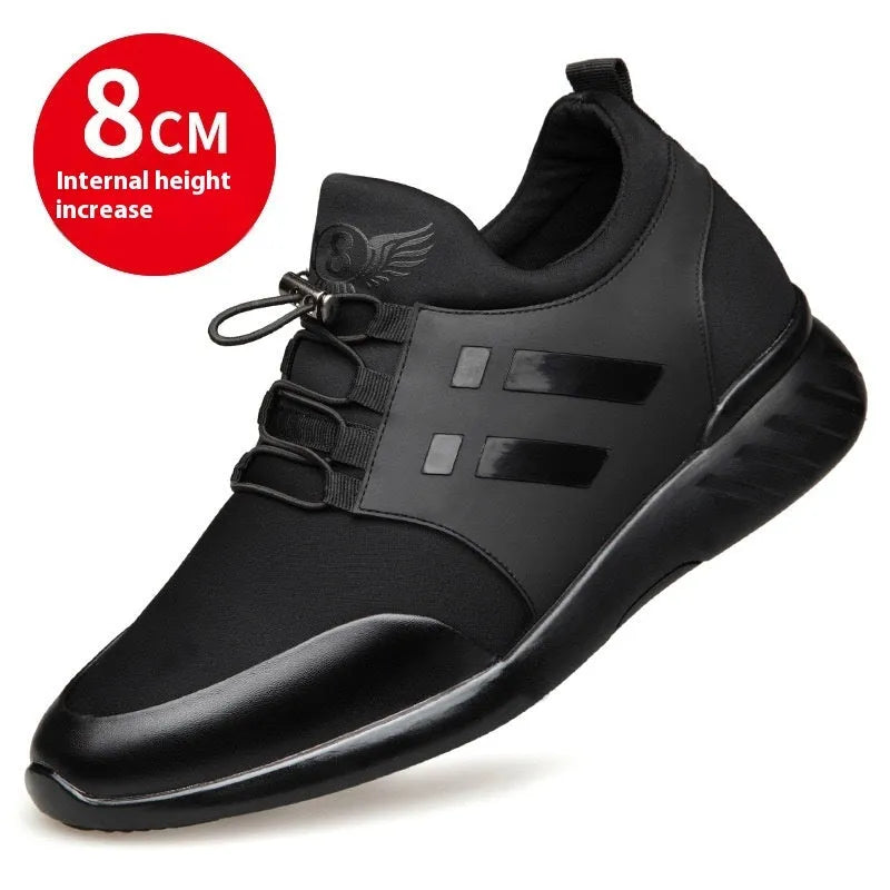 Men's black casual height increase shoes with chunky rubber sole, shown in leather, mesh, and Lycra upper options.