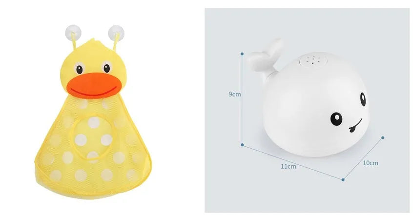 Whale-shaped electric bath toy spraying water with flashing lights, on a blue base.
