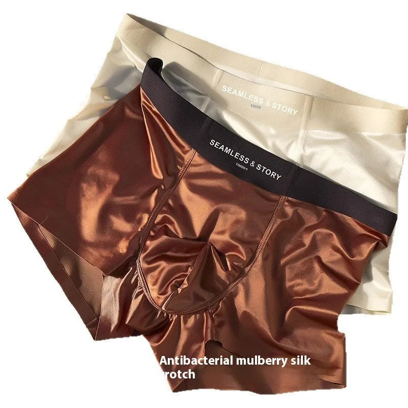 Men's mid-waist ice silk satin underwear in coffee colour showing traceless design
