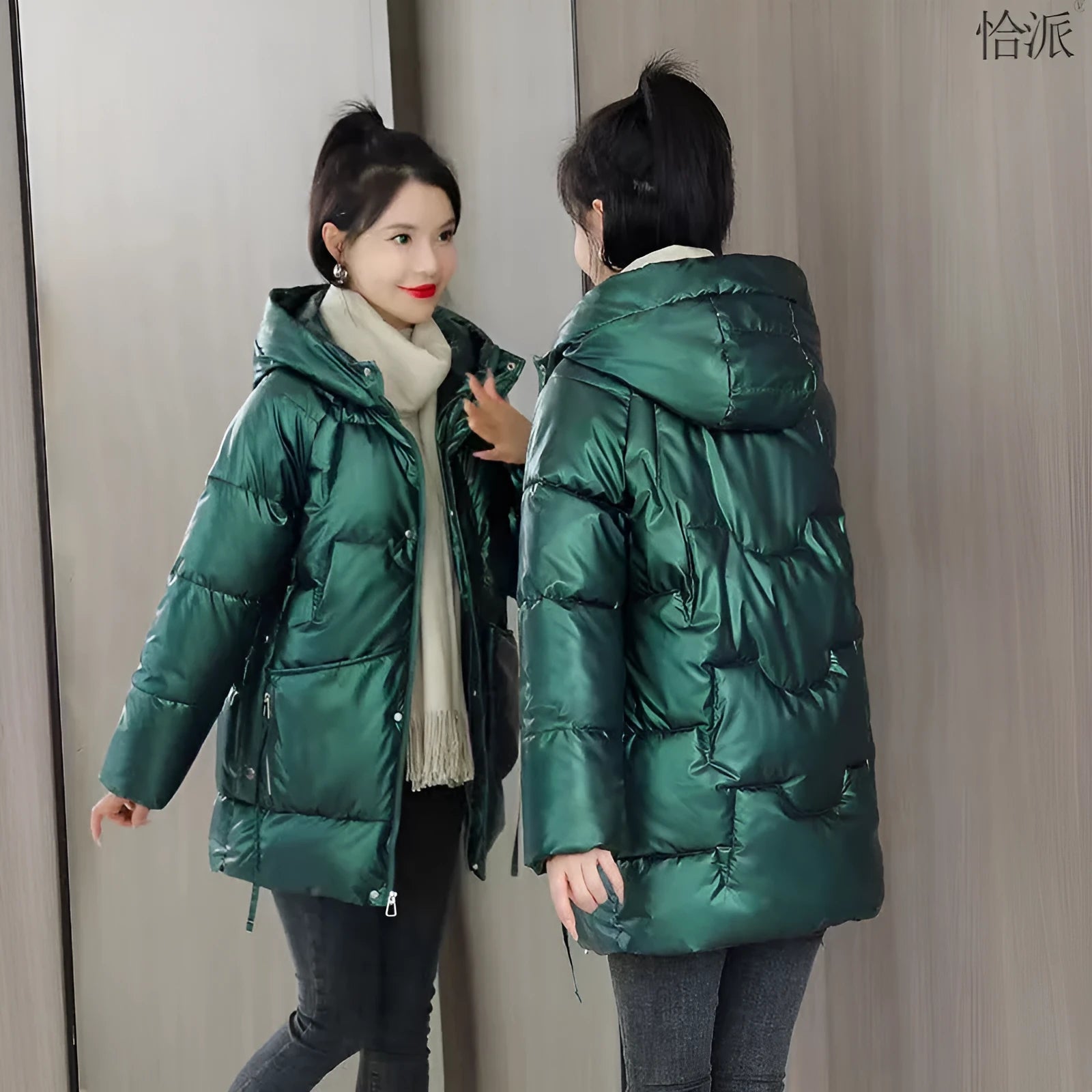 A women's loose-fit hooded winter jacket in a thick padded design, shown in one of four colour options.