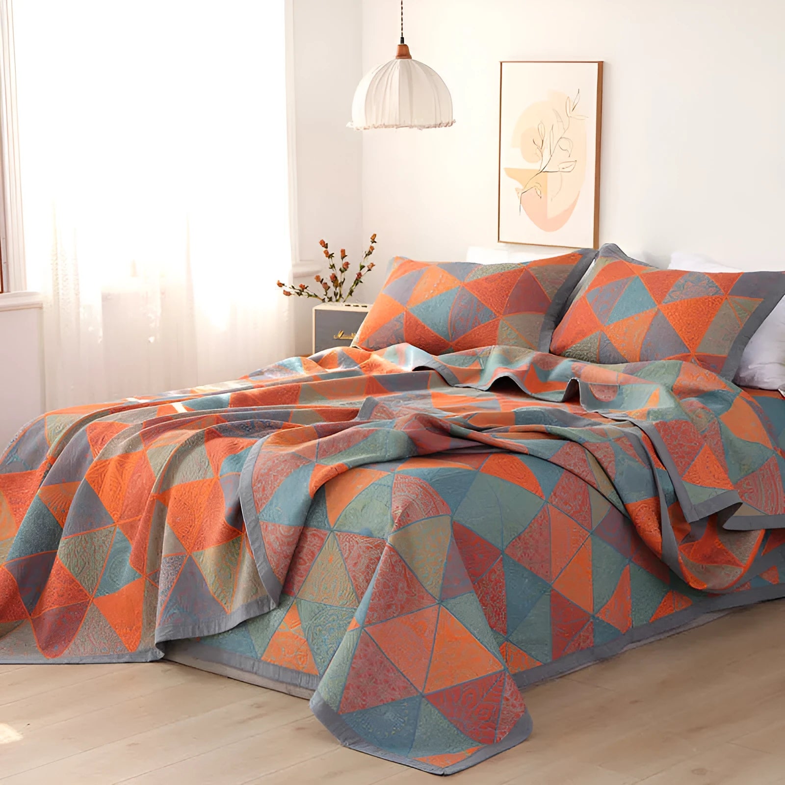 Three-piece cotton gauze bed blanket set with floral botanical pattern, shown with pillowcases.