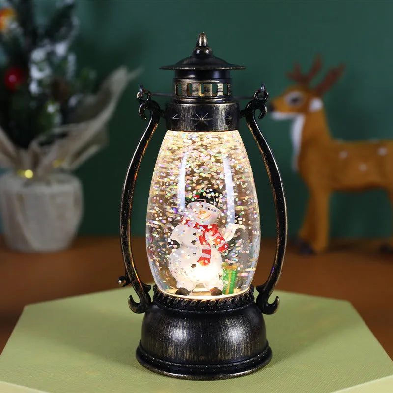 Crystal ball Christmas lamp with illuminated snowman figure inside, on a wooden table.