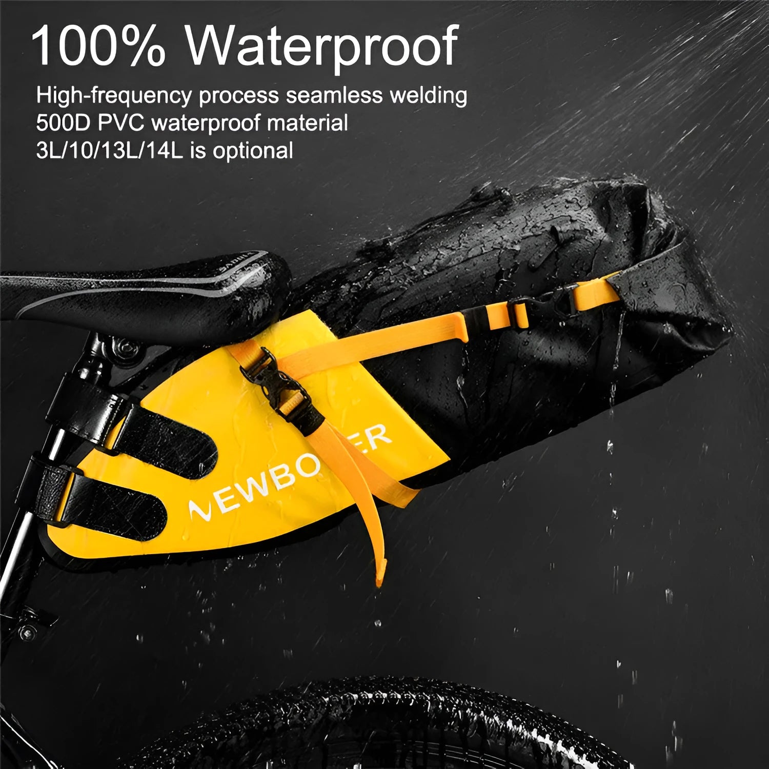 Waterproof PVC bike tail bag with 13L capacity in black, green or yellow