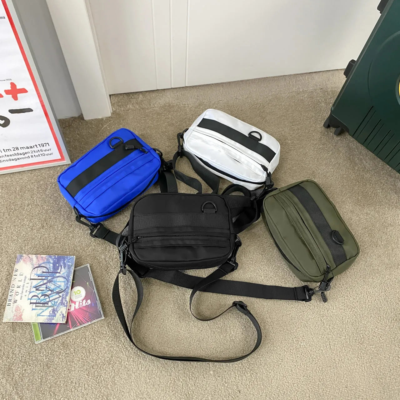 Men's nylon messenger bag in street style with crossbody strap and sewing thread details