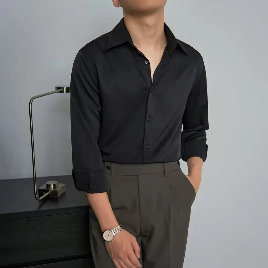 Black men's slim fit Korean style long sleeve cardigan shirt on a hanger