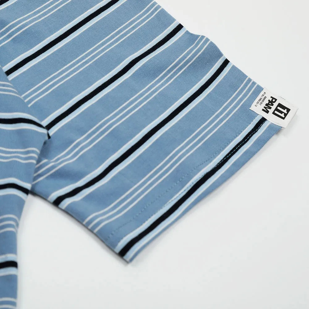 Blue stripe vintage pattern short sleeve cotton polo shirt with loose fit