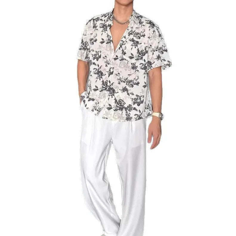 Men's loose fitting floral print short sleeve casual shirt in black and white colour options