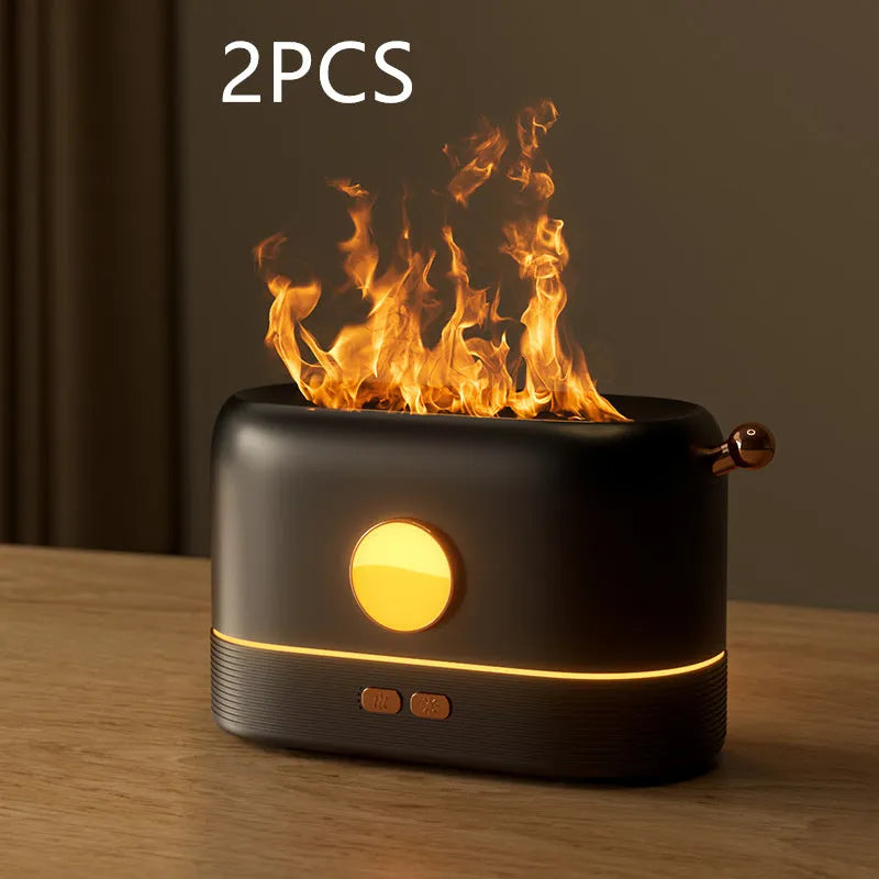 Black USB desktop humidifier with flame-effect LED light and 200ml water tank