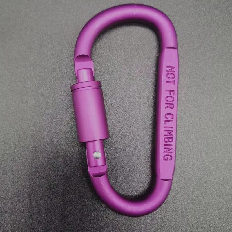 Aluminium D-type locking carabiner showing 8cm flat measurement in various colour options