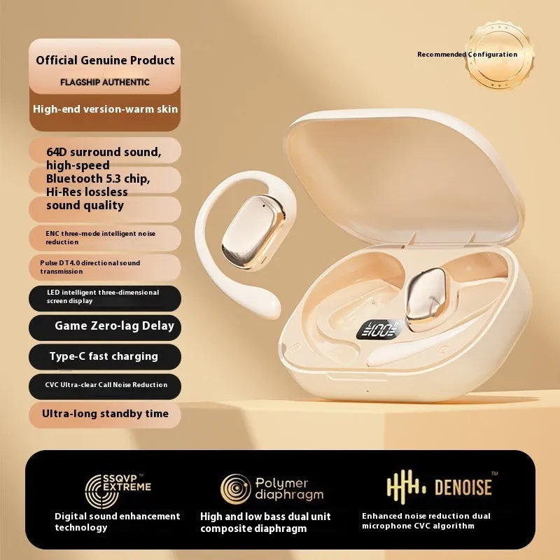 Ear-mounted wireless headphones with digital display screen in skin colour, black, and white colour options.