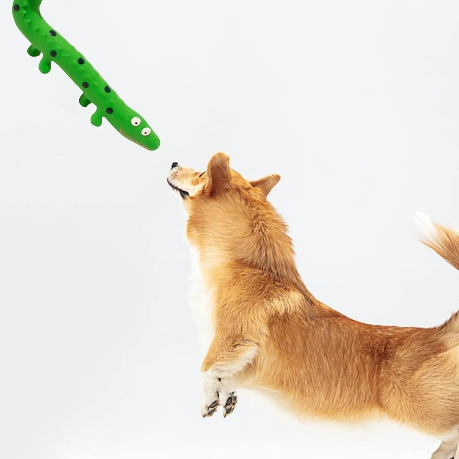 Green cartoon lizard shaped latex dog chew toy with squeaker for aggressive chewers