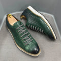Handmade men's low top shoes with embossed pattern, front tie laces, in black, green, white, or grey.