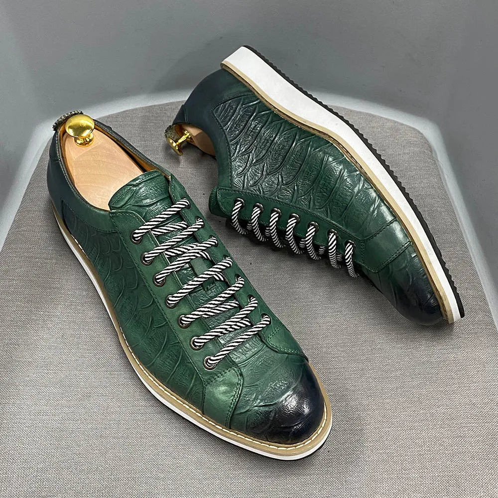 Handmade men's low top shoes with embossed pattern, front tie laces, in black, green, white, or grey.