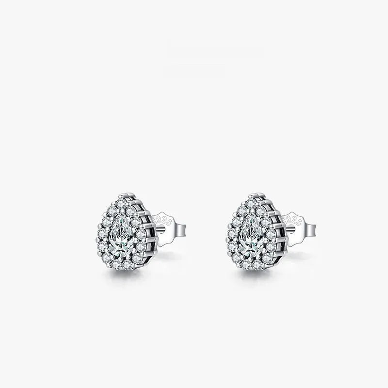 Women's silver water drop ear studs in 925 sterling silver with diamond treatment