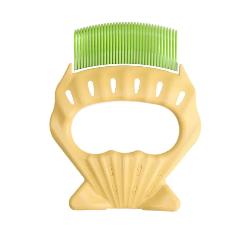 Shell-shaped plastic pet grooming comb with bent wire bristles and anti-slip handle in assorted colours.