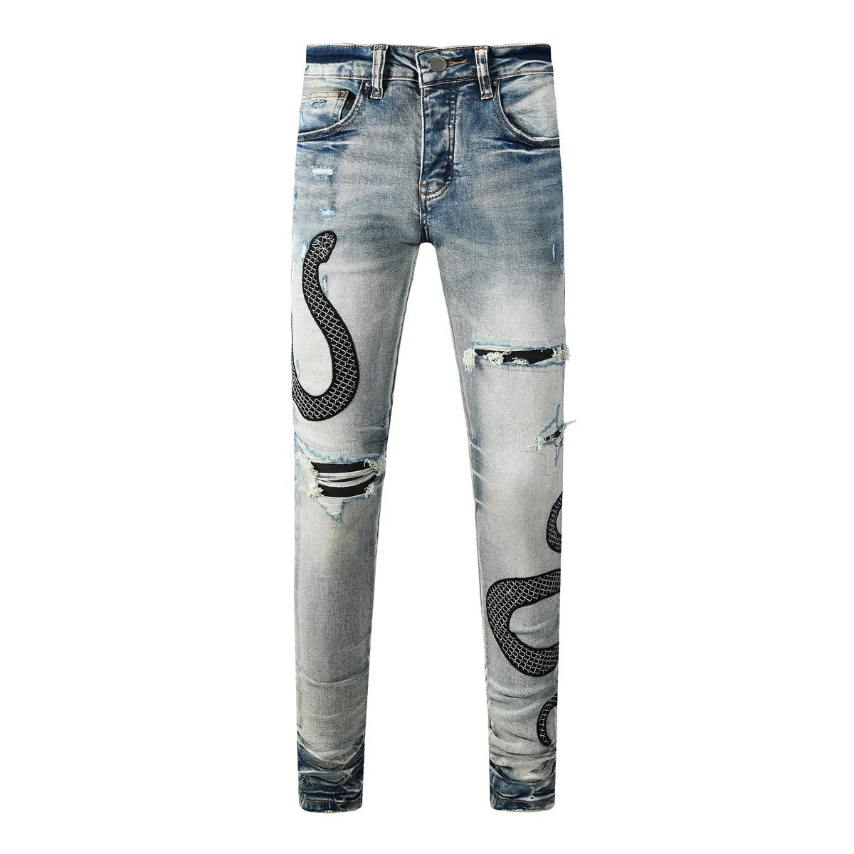 Men's blue distressed skinny jeans with a retro wash, showing a tight leg fit and button fly detail.