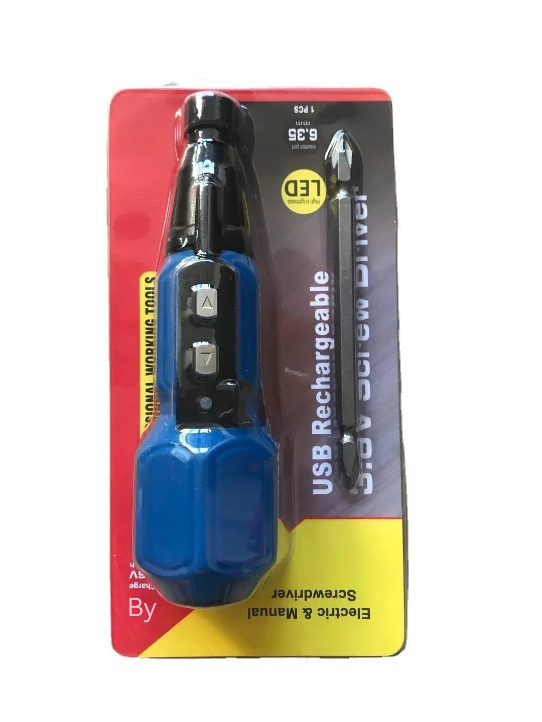 Black and blue alloy steel straight handle 36V electric screwdriver on a workbench.