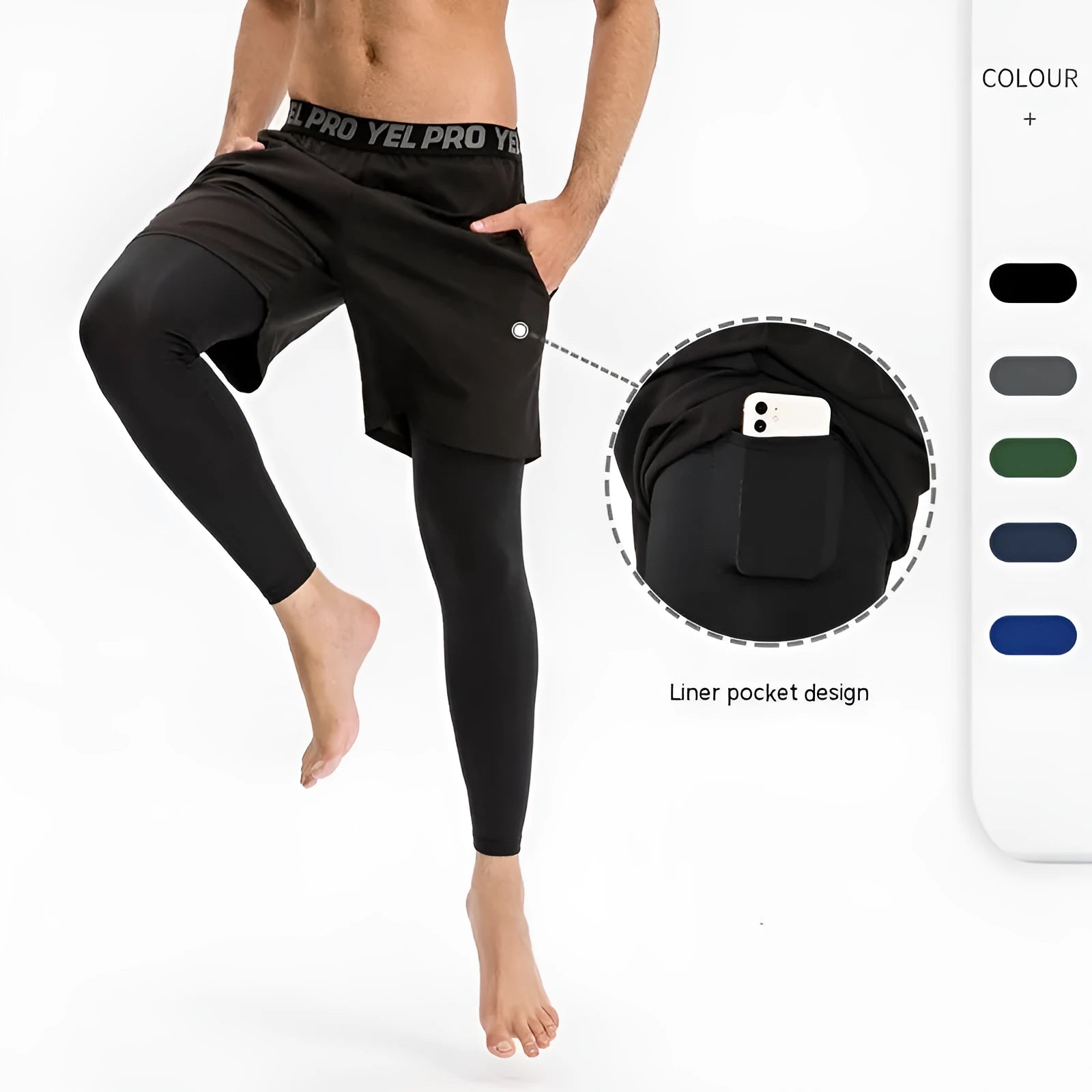 Men's tight fitness pants in grey polyester spandex fabric, shown in a running pose.
