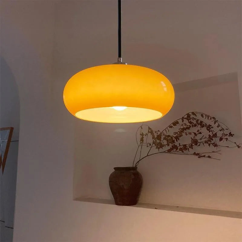 Bauhaus pendant light with three milk white egg tart glass shades for ceiling mounting