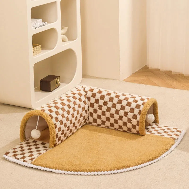 Brown plaid cat tunnel bed with central mat, showing non-slip bottom and large XL size.