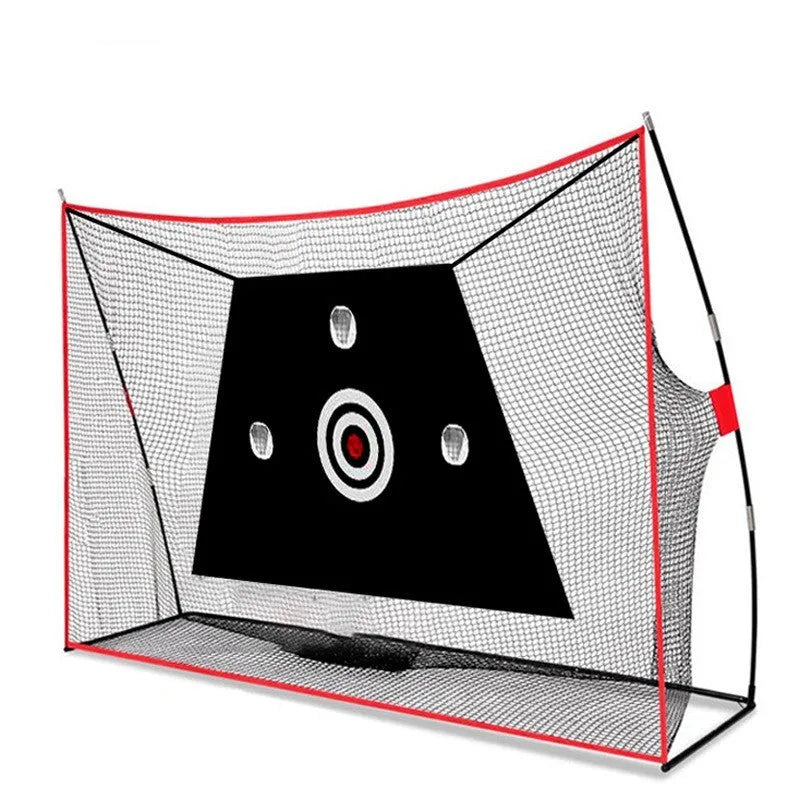 Golf swing wedge training net with 3-hole cross net, straw practice mat, and practice balls