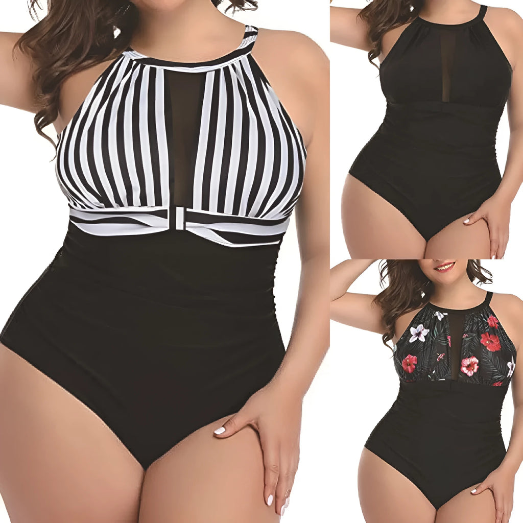 Women's black one-piece polyester swimsuit on a hanger, with red floral and striped versions shown.