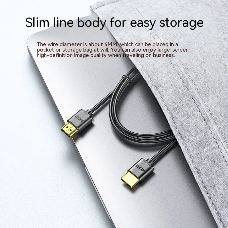 Thin flexible HDMI cable with gold-plated connectors in HDMI Hairline Rule colour, shown at various lengths.