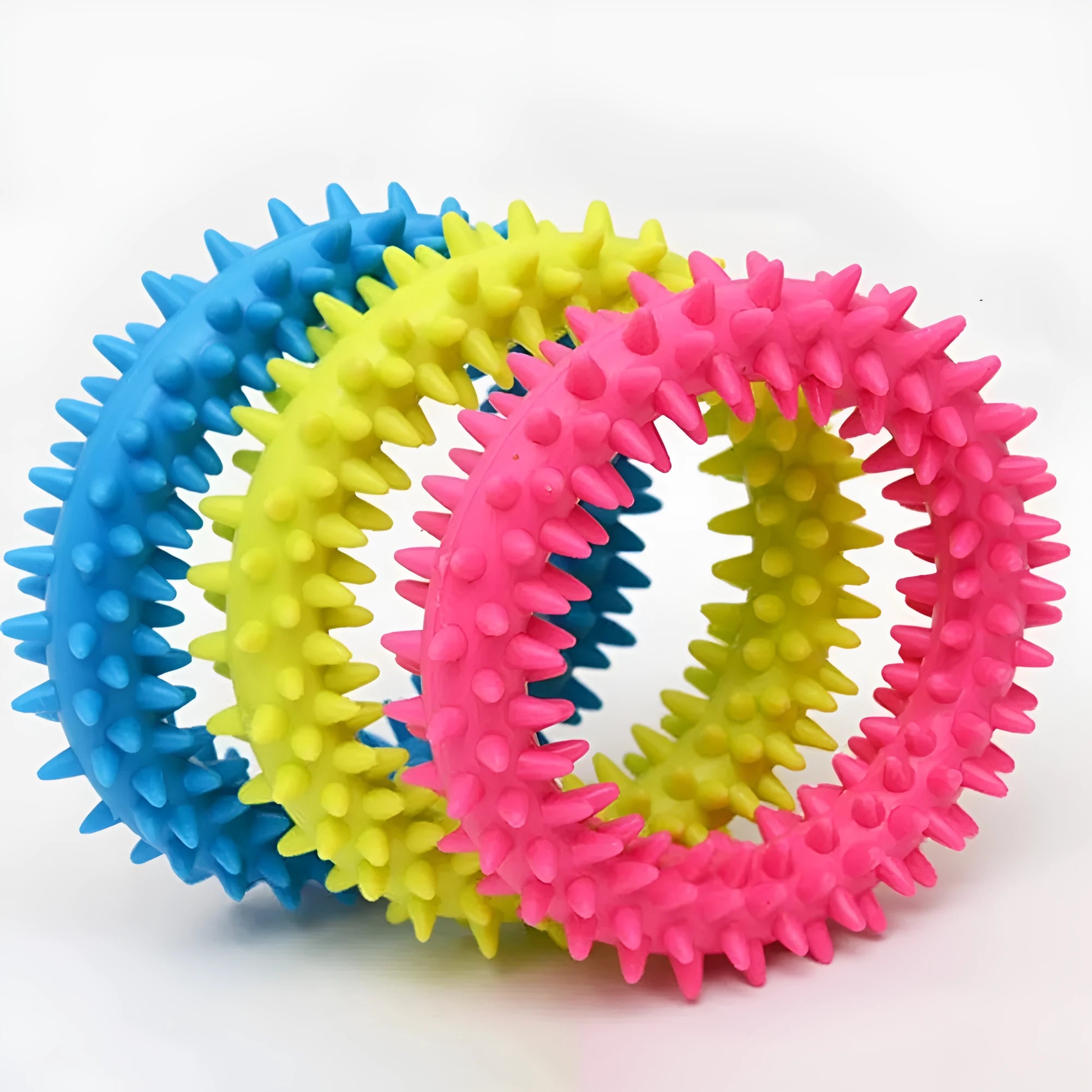 TPR spiky circle ring dog chew toy with dental cleaning nubs in blue colour
