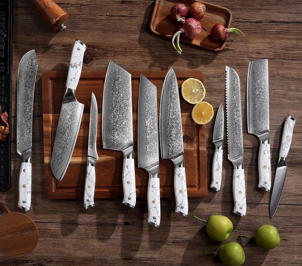 Damascus style combined chef's knife with VG10 steel blade, 21cm blade length on a wooden surface.