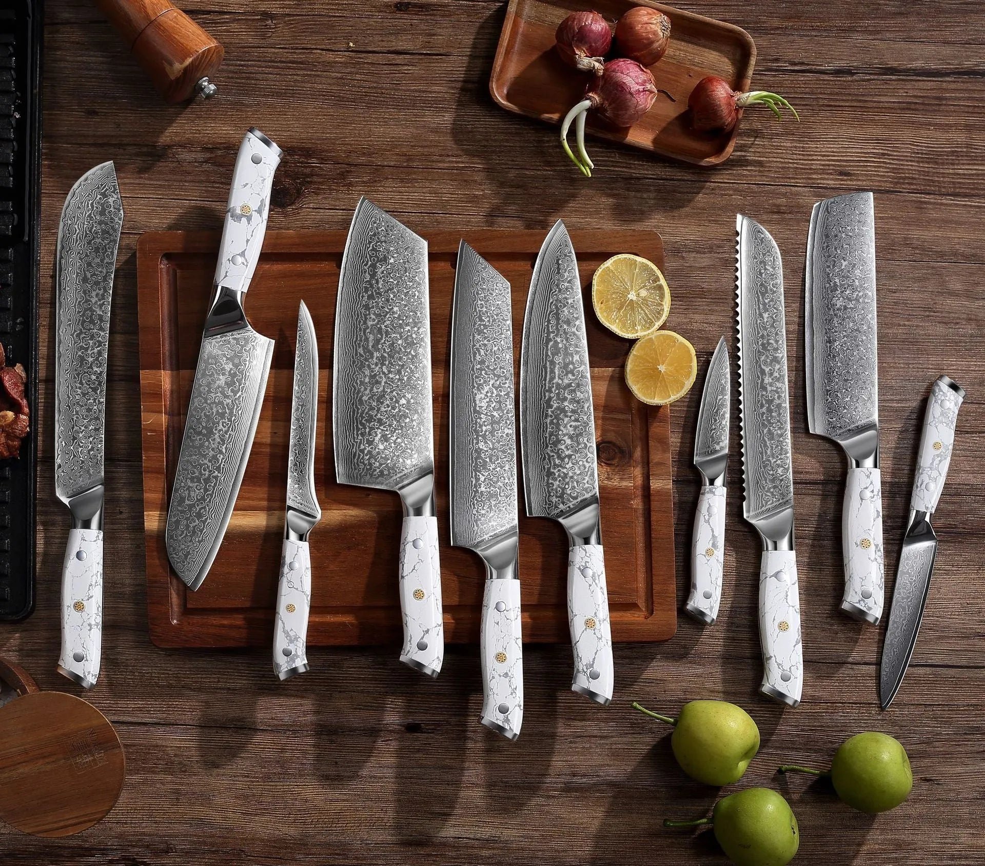 Damascus style combined chef's knife with VG10 steel blade, 21cm blade length on a wooden surface.