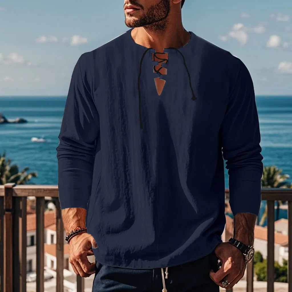 Men's solid colour cotton linen beach ruff pullover shirt in loose fit