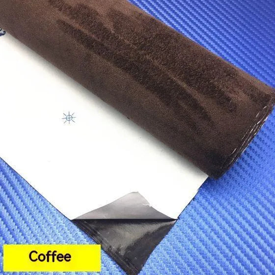 Self-adhesive suede fabric sheet in beige colour with adhesive backing visible, showing size options for interior decoration.